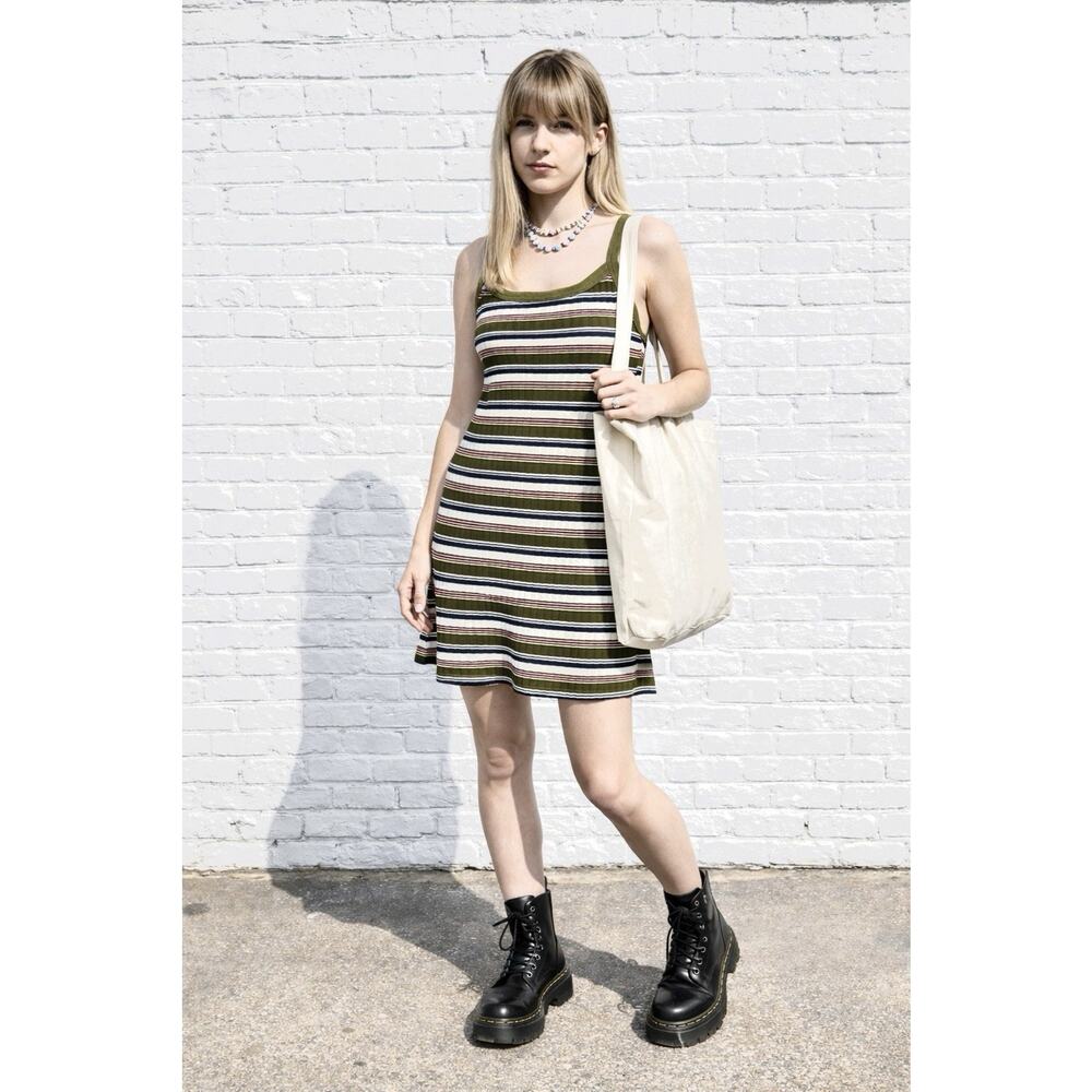 Vintage Y2K No Boundaries Mini Tank Dress L Ribbed Striped Skater Grunge